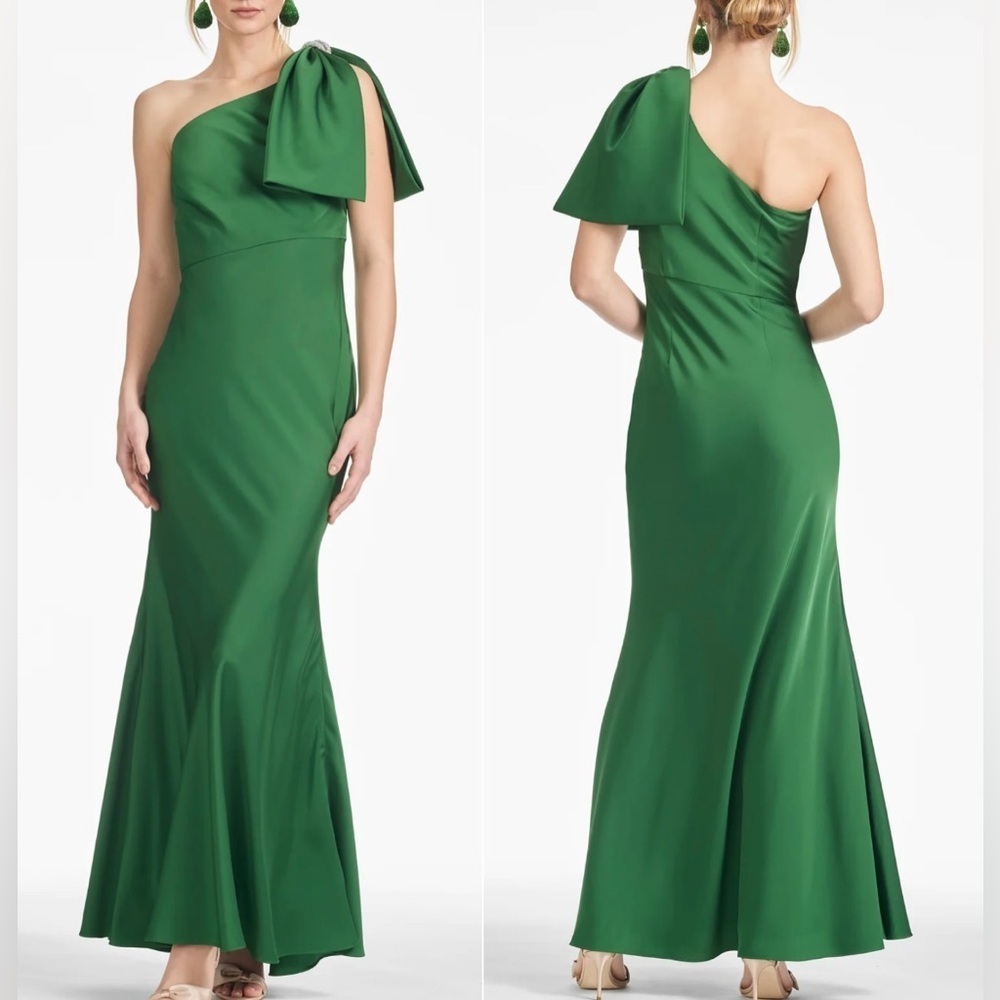 NWOT Sachin & Babi Aubrey One-Shoulder Crystal Bow Gown green emerald sz 10